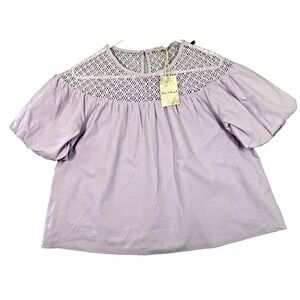 Hem & Thread Women's Misses Blouse Lilac‎ S Crochet Yoke Bubble Sleeve Girlcore